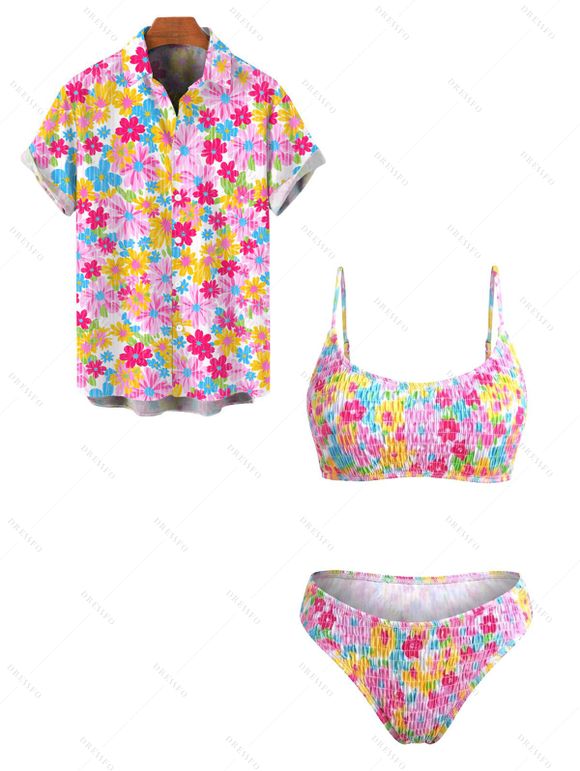 Hawaiian Vacation Couple Outfit Colorful Floral Print Smocked High Cut Briefs Bikini Swimsuit and Shirt Set - Rose S | US 4
