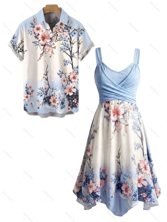Vacation Couple Outfit Ombre Cherry Blossom Floral Print Crossover Bowknot Handkerchief Dress and Shirt Set - Bleu gris S | US 4