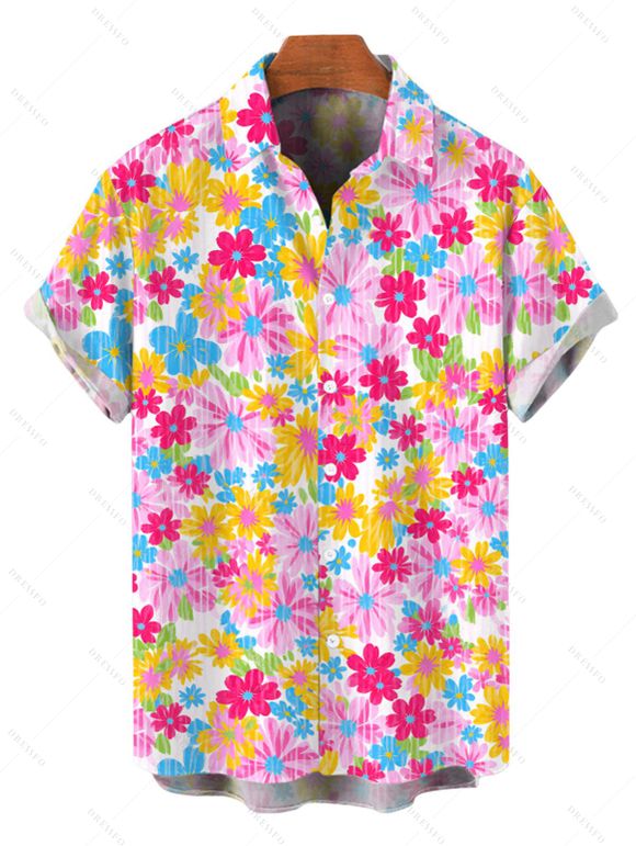 Hawaiian Vacation Couple Outfit Colorful Floral Print Smocked High Cut Briefs Bikini Swimsuit and Shirt Set - Rose S | US 4