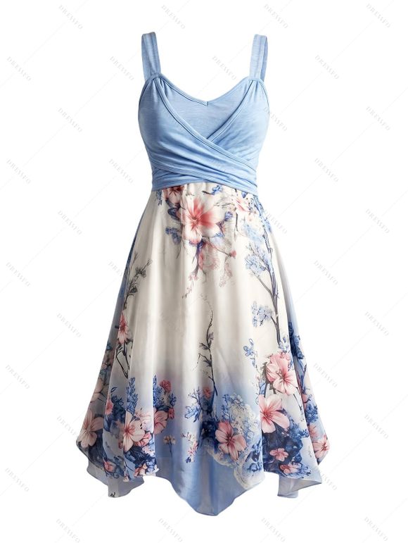 Vacation Couple Outfit Ombre Cherry Blossom Floral Print Crossover Bowknot Handkerchief Dress and Shirt Set - Bleu gris S | US 4