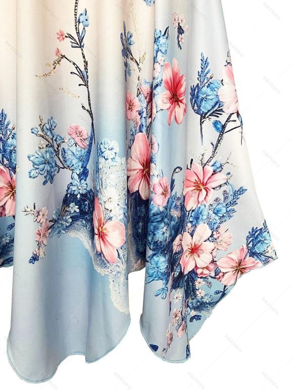 Vacation Couple Outfit Ombre Cherry Blossom Floral Print Crossover Bowknot Handkerchief Dress and Shirt Set - Bleu gris S | US 4