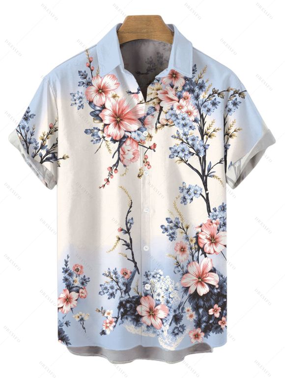 Vacation Couple Outfit Ombre Cherry Blossom Floral Print Crossover Bowknot Handkerchief Dress and Shirt Set - Bleu gris S | US 4