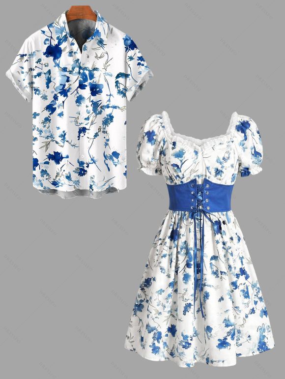 Vacation Couple Outfit Porcelain Floral Printed Ruffle Puff Sleeve Lace Up Belt Mini Dress and Shirt Set - Bleu S | US 4