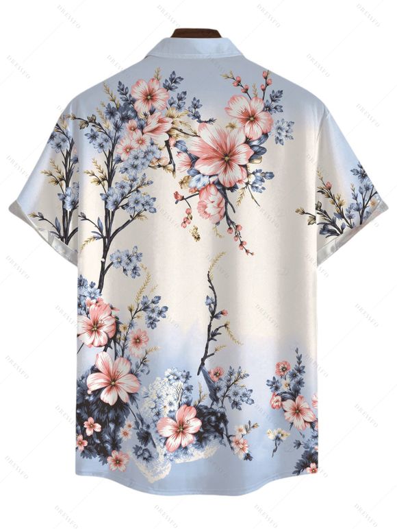 Vacation Couple Outfit Ombre Cherry Blossom Floral Print Crossover Bowknot Handkerchief Dress and Shirt Set - Bleu gris S | US 4
