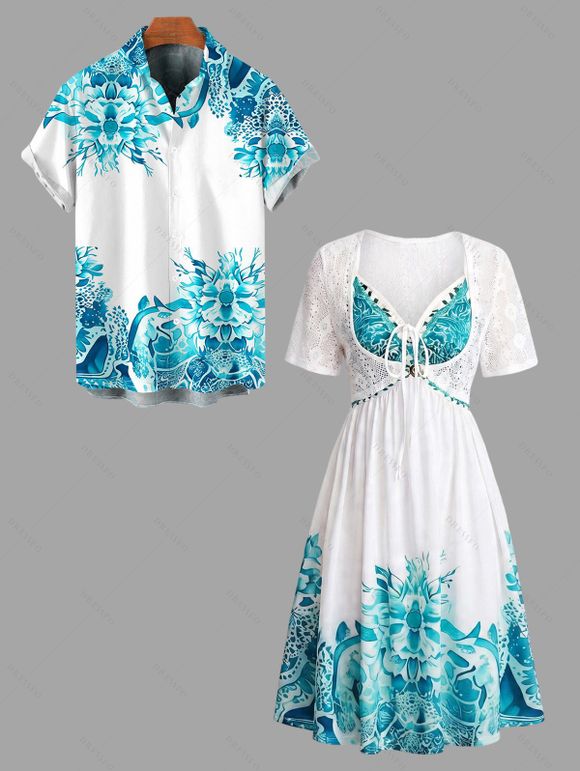 Bohemian Couple Outfit Floral Print Tied Empire Waist Dress Lace Hollow Out Cropped Cover-up and Shirt Set - Bleu Toile de Jean S | US 4