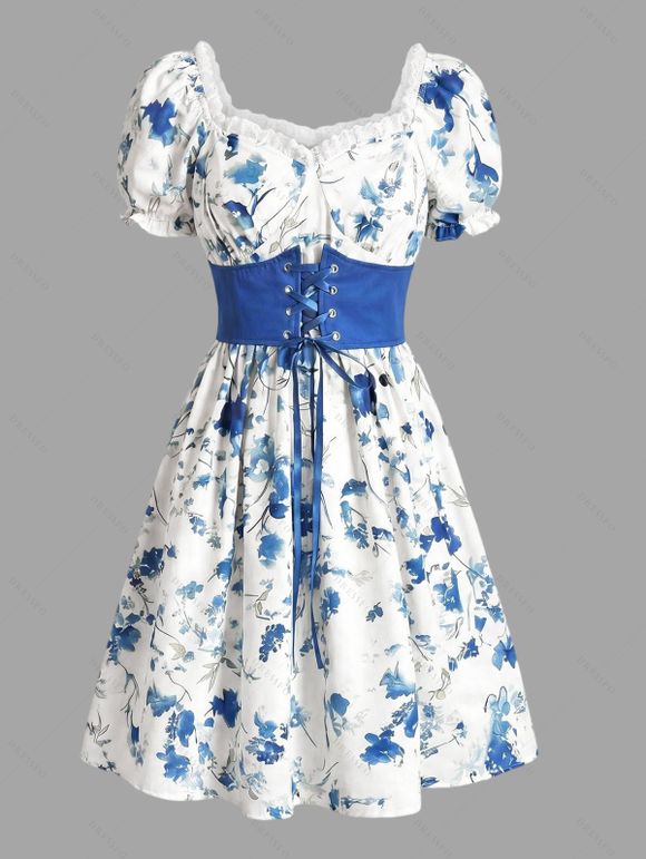 Vacation Couple Outfit Porcelain Floral Printed Ruffle Puff Sleeve Lace Up Belt Mini Dress and Shirt Set - Bleu S | US 4