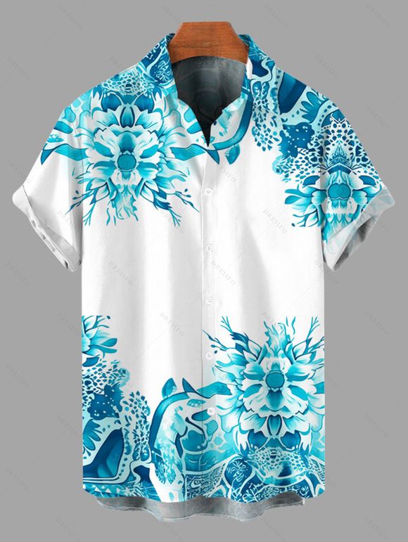 Bohemian Couple Outfit Floral Print Tied Empire Waist Dress Lace Hollow Out Cropped Cover-up and Shirt Set - Bleu Toile de Jean S | US 4