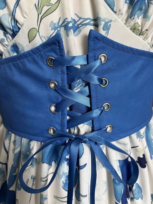 Vacation Couple Outfit Porcelain Floral Printed Ruffle Puff Sleeve Lace Up Belt Mini Dress and Shirt Set - Bleu S | US 4