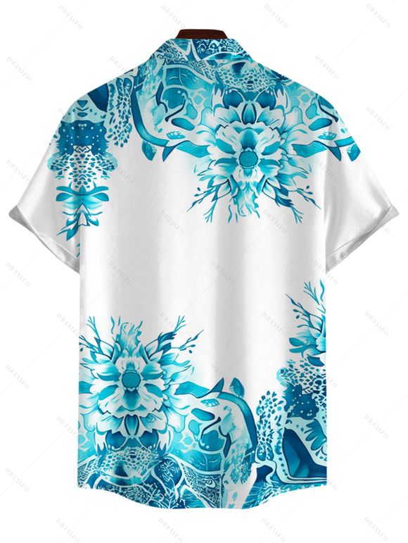 Bohemian Couple Outfit Floral Print Tied Empire Waist Dress Lace Hollow Out Cropped Cover-up and Shirt Set - Bleu Toile de Jean S | US 4