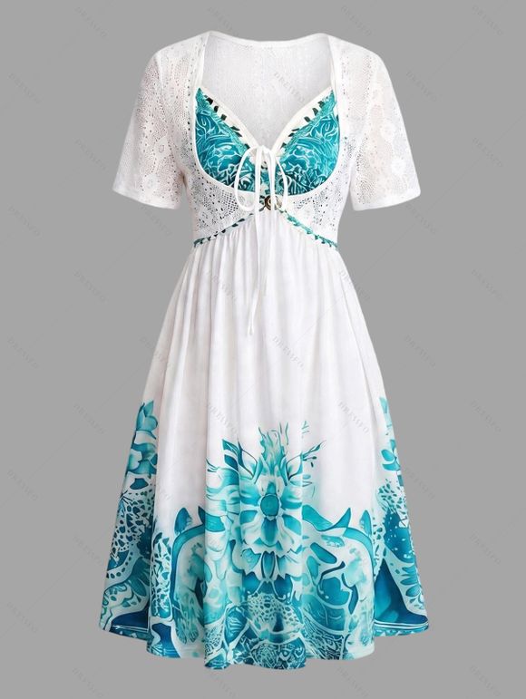 Bohemian Couple Outfit Floral Print Tied Empire Waist Dress Lace Hollow Out Cropped Cover-up and Shirt Set - Bleu Toile de Jean S | US 4