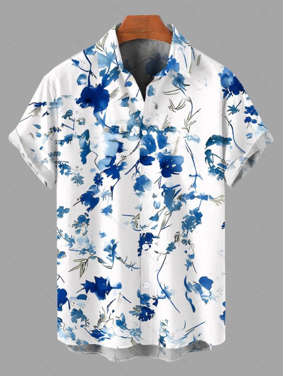 Vacation Couple Outfit Porcelain Floral Printed Ruffle Puff Sleeve Lace Up Belt Mini Dress and Shirt Set - Bleu S | US 4