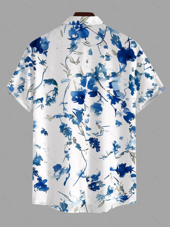 Vacation Couple Outfit Porcelain Floral Printed Ruffle Puff Sleeve Lace Up Belt Mini Dress and Shirt Set - Bleu S | US 4