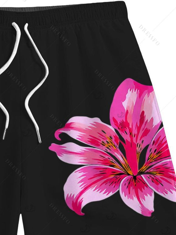 Men's Beach Shorts Lily Floral Print Drawstring Pocket Board Shorts - Rose 5XL