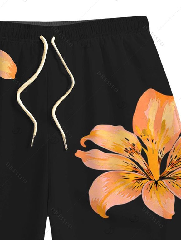 Men's Beach Shorts Lily Floral Print Drawstring Pocket Board Shorts - Orange 2XL