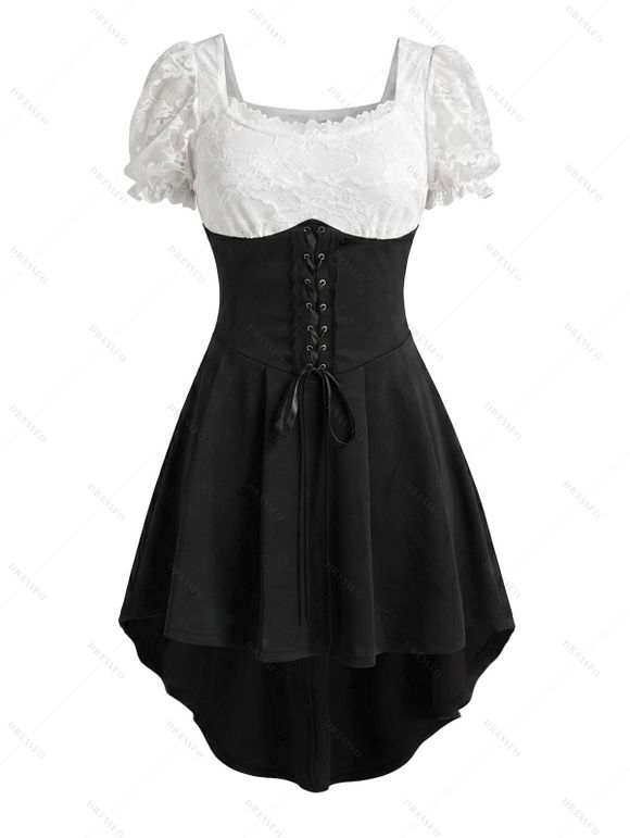 Vintage Dress Contrast Color Lace Panel Scalloped Lace Up Puff Sleeve High Low Dress - Noir XXL | US 14