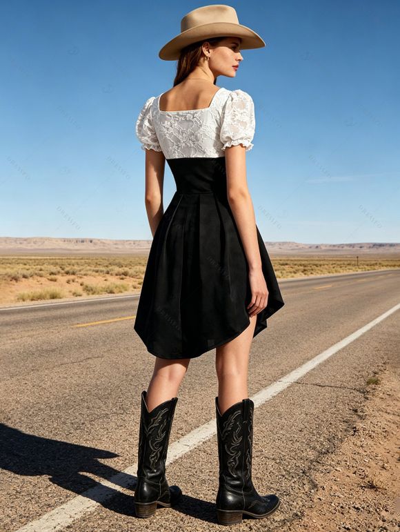 Vintage Dress Contrast Color Lace Panel Scalloped Lace Up Puff Sleeve High Low Dress - Noir XXL | US 14