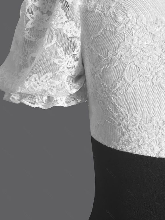 Vintage Dress Contrast Color Lace Panel Scalloped Lace Up Puff Sleeve High Low Dress - Noir XXL | US 14