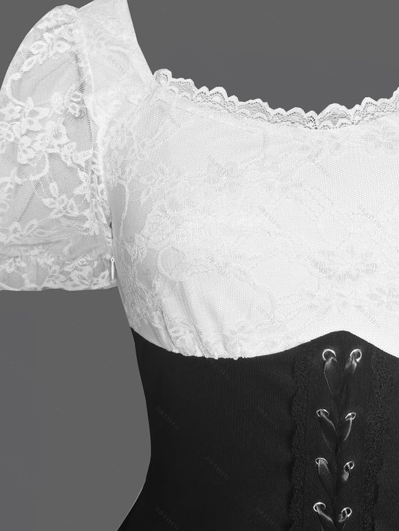 Vintage Dress Contrast Color Lace Panel Scalloped Lace Up Puff Sleeve High Low Dress - Noir XXL | US 14