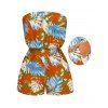 Hawaii Vacation Romper for Beach Colorblock Tropical Monstera Leaf Print Pocket Off the Shoulder Romper - Orange S | US 4
