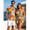 Hawaii Vacation Couple Outfit for Beach Colorblock Tropical Monstera Leaf Print Pocket Off the Shoulder Romper and Shirt Set - Orange S | US 4