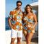 Hawaii Vacation Couple Outfit for Beach Colorblock Tropical Monstera Leaf Print Pocket Off the Shoulder Romper and Shirt Set - Orange S | US 4