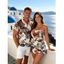 Hawaiian Beach Couple Outfit Vintage Sketch Floral Print Pocket Off the Shoulder Romper and Shirt Set - multicolor S | US 4