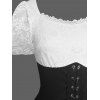 Vintage Dress Contrast Color Lace Panel Scalloped Lace Up Puff Sleeve High Low Dress - Noir M | US 6