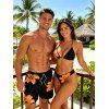 Vacation Couple Outfit Lily Floral Print Scalloped High Cut Briefs Halter Bikini Swimsuit and Beach Shorts Set - Orange S | US 4