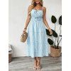 Vacation Cake Dress Striped Print Smocked Tied Spaghetti Strap Square Neck Midi Dress - Bleu clair XL | US 10