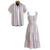 Vacation Couple Outfit Colorful Striped Print Smocked Tied Shoulder Ruffle Tiered Dress and Shirt Set - multicolor A S | US 4
