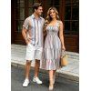 Vacation Couple Outfit Colorful Striped Print Smocked Tied Shoulder Ruffle Tiered Dress and Shirt Set - multicolor A S | US 4