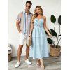 Vacation Couple Outfit Striped Print Smocked Tied Spaghetti Strap Square Neck Cake Dress and Shirt Set - Bleu clair S | US 4