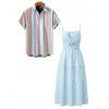 Vacation Couple Outfit Striped Print Smocked Tied Spaghetti Strap Square Neck Cake Dress and Shirt Set - Bleu clair S | US 4