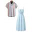 Vacation Couple Outfit Striped Print Smocked Tied Spaghetti Strap Square Neck Cake Dress and Shirt Set - Bleu clair S | US 4