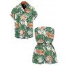 Hawaii Vacation Couple Outfit for Beach Colorblock Tropical Monstera Leaf Print Pocket Off the Shoulder Romper and Shirt Set - Vert clair S | US 4