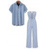 Hawaiian Vacation Couple Outfit Striped Print Cinched Cut Out Ruffle Off the Shoulder Wide Leg Jumpsuit and Shirt Set - Bleu Ciel S | US 4