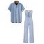 Hawaiian Vacation Couple Outfit Striped Print Cinched Cut Out Ruffle Off the Shoulder Wide Leg Jumpsuit and Shirt Set - Bleu Ciel S | US 4