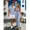 Hawaiian Vacation Couple Outfit Striped Print Cinched Cut Out Ruffle Off the Shoulder Wide Leg Jumpsuit and Shirt Set - Bleu Ciel S | US 4