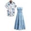Hawaiian Vacation Couple Outfit Solid Color Ruffle Smocked Off the Shoulder Maxi Tired Dress and Tropical Leaf Print Shirt Set - Bleu clair S | US 4