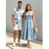 Hawaiian Vacation Couple Outfit Solid Color Ruffle Smocked Off the Shoulder Maxi Tired Dress and Tropical Leaf Print Shirt Set - Bleu clair S | US 4