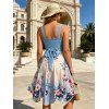 Vacation Dress Ombre Cherry Blossom Floral Print Crossover Bowknot Back Handkerchief Hem Dress - Bleu Ciel XXL | US 14