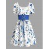 Vacation Dress Porcelain Floral Printed Ruffle Puff Sleeve Lace Up Belt Mini Dress - Bleu XXL | US 14