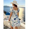 Vacation Dress Porcelain Floral Printed Ruffle Puff Sleeve Lace Up Belt Mini Dress - Bleu XXL | US 14