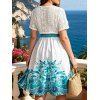 Vacation Dress Set Bohemian Floral Print Tied Empire Waist Dress and Lace Hollow Out Cropped Cover-up - Turquoise Foncée XXL | US 14
