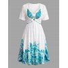 Vacation Dress Set Bohemian Floral Print Tied Empire Waist Dress and Lace Hollow Out Cropped Cover-up - Turquoise Foncée XXL | US 14