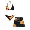Vacation Couple Outfit Lily Floral Print Scalloped High Cut Briefs Halter Bikini Swimsuit and Beach Shorts Set - Orange S | US 4