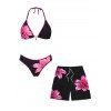 Vacation Couple Outfit Lily Floral Print Scalloped High Cut Briefs Halter Bikini Swimsuit and Beach Shorts Set - Rose S | US 4