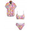 Hawaiian Vacation Couple Outfit Colorful Floral Print Smocked High Cut Briefs Bikini Swimsuit and Shirt Set - Rose S | US 4