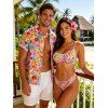 Hawaiian Vacation Couple Outfit Colorful Floral Print Smocked High Cut Briefs Bikini Swimsuit and Shirt Set - Rose S | US 4