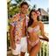 Hawaiian Vacation Couple Outfit Colorful Floral Print Smocked High Cut Briefs Bikini Swimsuit and Shirt Set - Rose S | US 4